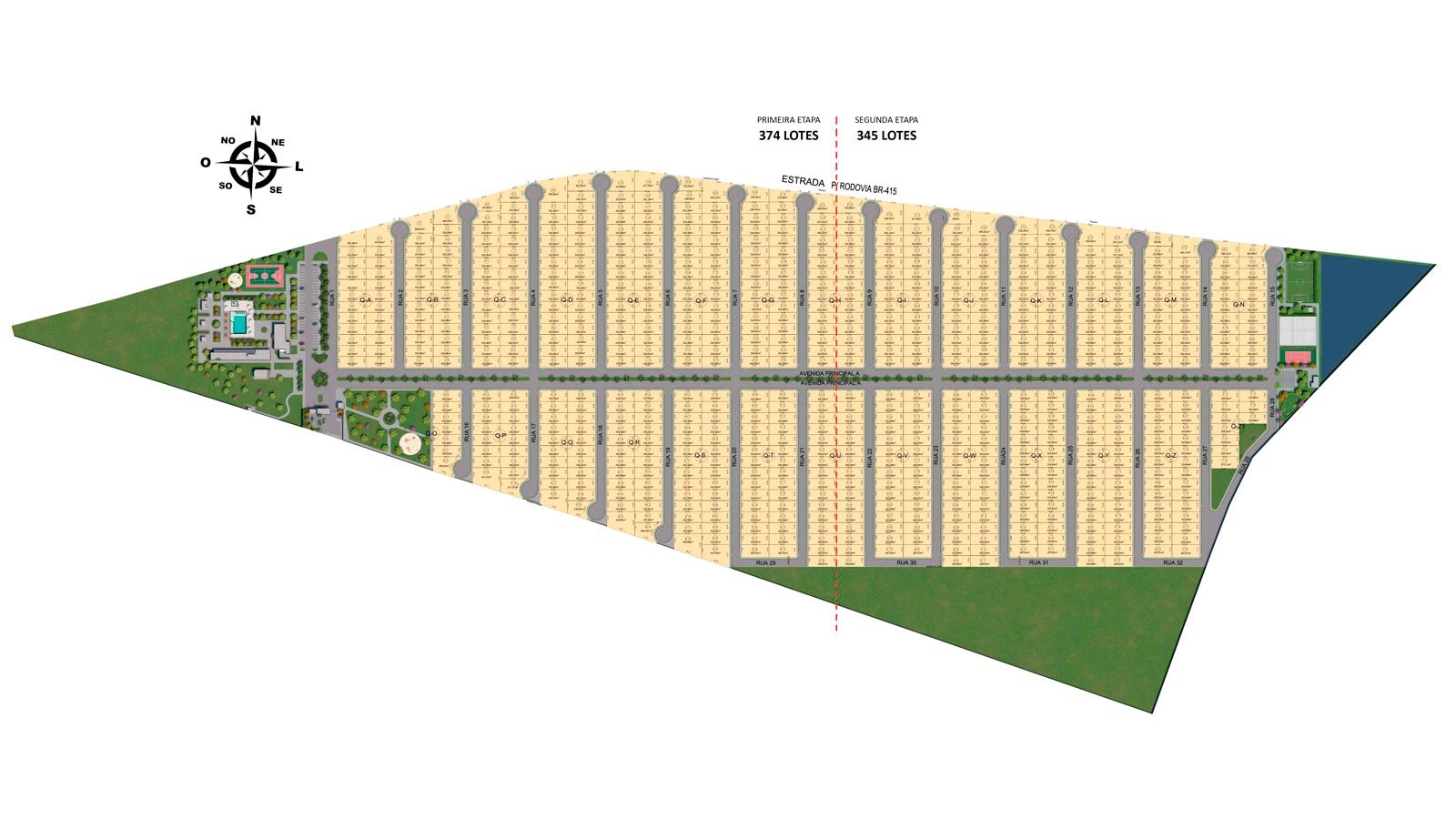 Planta do empreendimento Park Ville Residence mostrando a distribuição de 27 quadras e áreas de lazer